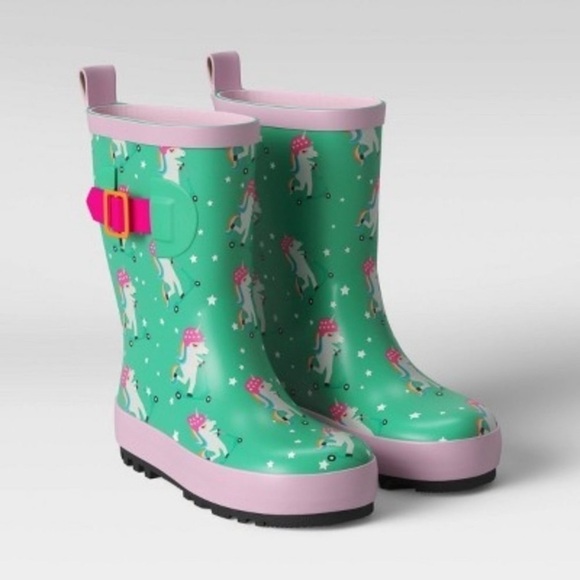 Unicorn Riding Scooter Kid’s Rain Boots Galoshes Wellies Pink Green NWT Winter - Picture 1 of 3